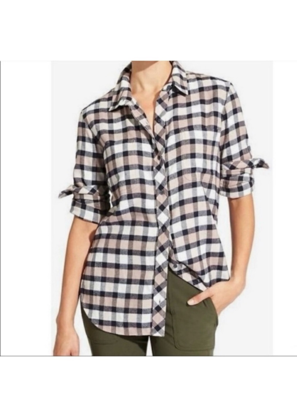 Athleta Plaid Button-Down Shirt - Black, Cream & Tan